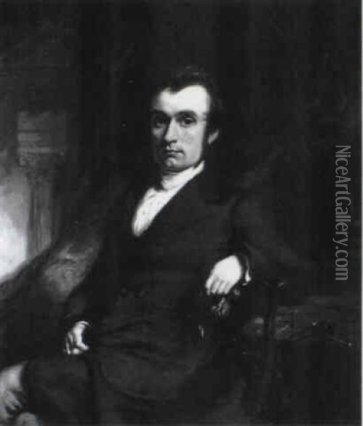 Portrait Of A Seated Gentleman In A Black Frockcoat And     White Stock, Three-quarter Length, With A Classical Temple Oil Painting - William Huggins