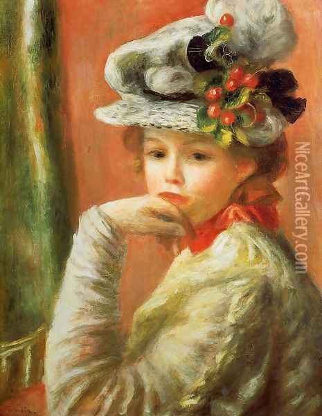 Young Girl In A White Hat Aka Woman Leaning On Her Hand Oil Painting - Pierre Auguste Renoir