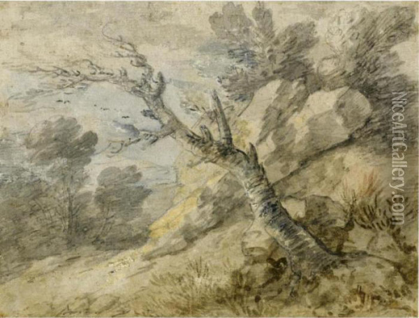 Wooded Landscape With Rocks And Tree Stump Oil Painting - Thomas Gainsborough