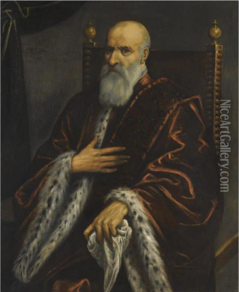 A Portrait Of A Bearded Venetian
 Senator, Seated, Three Quarterlength, Wearing A Red Velvet Robe With 
Fur Lining Oil Painting - Jacopo Robusti, II Tintoretto