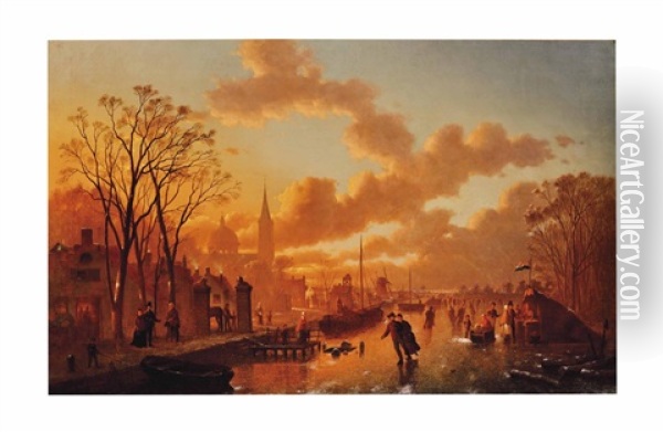 Ice Skating At Sunset Oil Painting - Johann Mongels Culverhouse