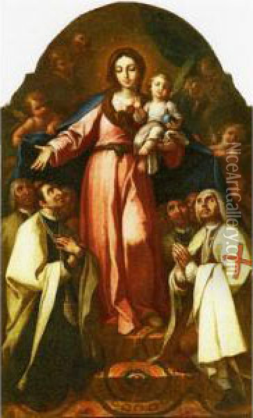 La Vergine Con I Committenti In Preghiera Oil Painting - Bernardo German Llorente