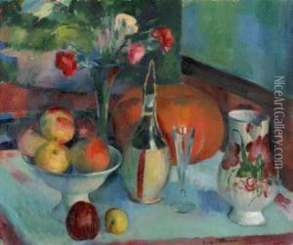 Nature Morte Aux Fruits Et A La Fiasque De Vin Oil Painting - Henri Ottman