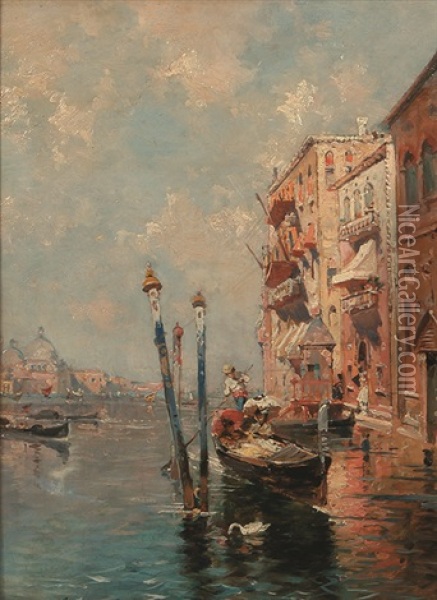 Gondeln Vor Venedig, Im Hintergrund Santa Maria Della Salute Oil Painting - Giuseppe Carelli