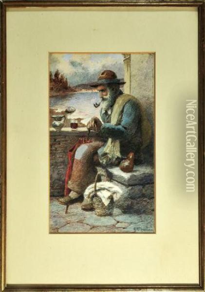 Alterer Mann Mit Pfeife Sitzt Auf Einer Steinbank Oil Painting - Giuseppe Ii Canella