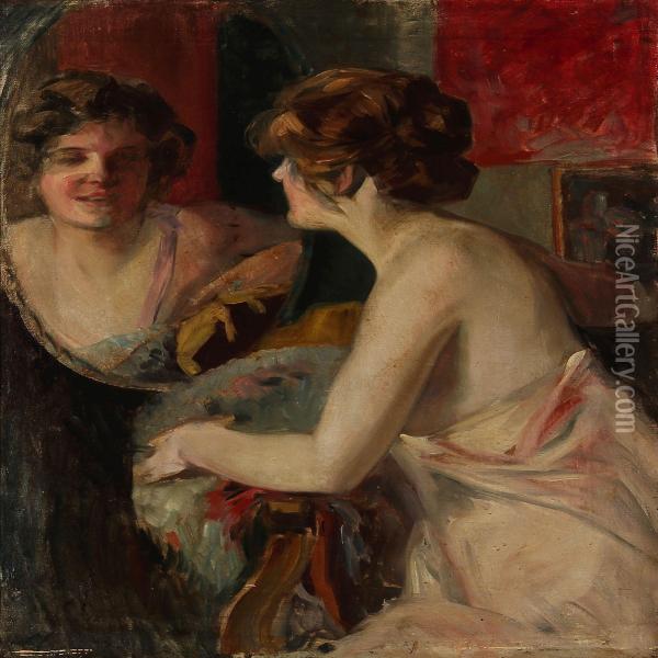 A Woman Looks In The Mirror Oil Painting - Richard Geiger