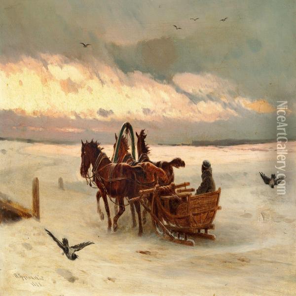 Winter Landscape With A Troika In The Evening Sun Oil Painting - Petr Nicolaevich Gruzinsky