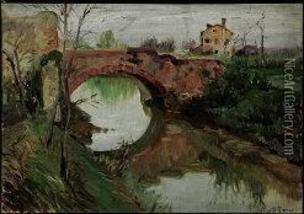 Ponte Sul Ruscello Oil Painting - Pieretto Bortoluzzi Bianco