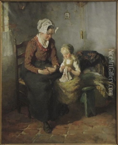 The Knitting Lesson Oil Painting - Gijsbertus Jan Sijthoff