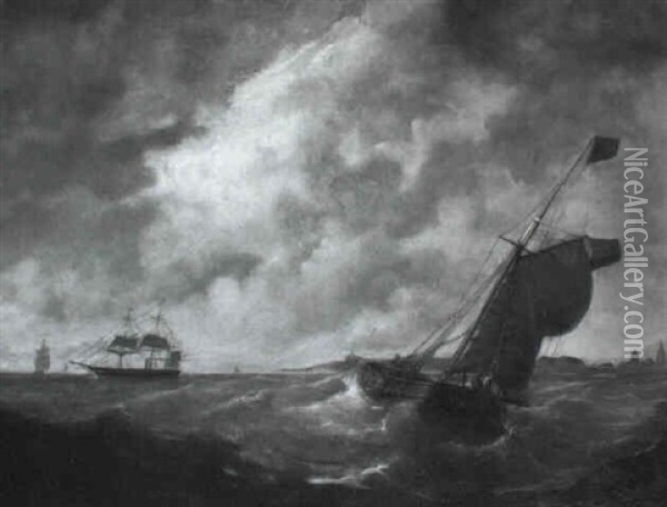 A Fishing Vessel On A Choppy Sea Off The Coast Oil Painting - Christian Cornelis Kannemans