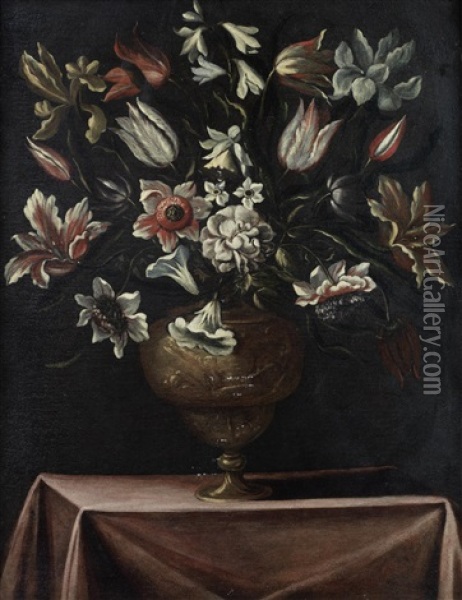 Tulips, Narcissi And Other Flowers In A Bronze Urn On A Draped Table Oil Painting - Giacomo Recco