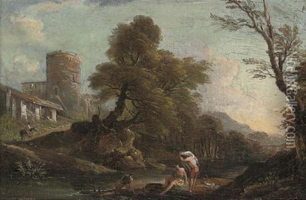 A Wooded River Landscape With Bathers On A Bank, A Fortified Townbeyond Oil Painting - Francesco Zuccarelli