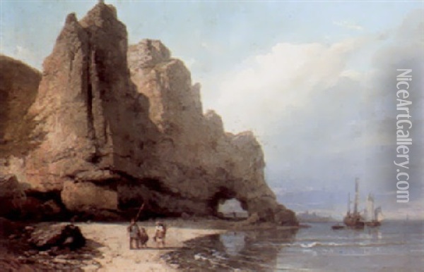 Coastal Landscape With Fisherfolk On A Beach Oil Painting - Carl Joseph Kuwasseg