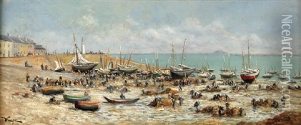 Sorting Nets At Low Tide Oil Painting - Edmond Louis Marie Wagrez