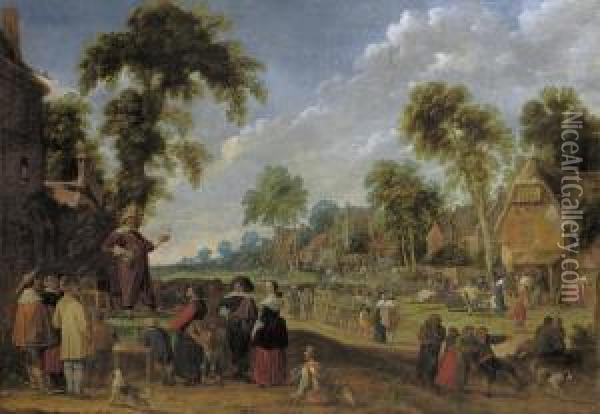 A Quack Doctor In A Village Landscape With Numerous Figures Oil Painting - Jacob Wijnants