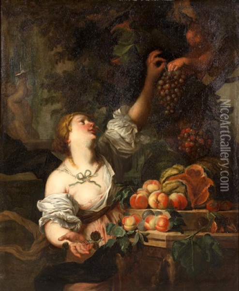 A Still Life Of Peaches And Melons On A Stone Ledge With A Lady Holding A Bunch Of Grapes Oil Painting - Abraham Brueghel