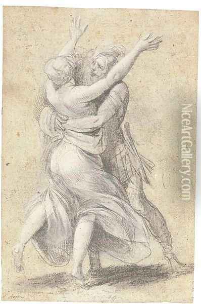 A female figure throwing up her arms, seen from behind, embraced by an advancing warrior for a Rape of the Sabines Oil Painting - Giuseppe Cesari