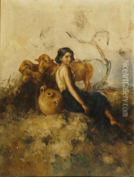 Pastorella Con Armenti In Un Paesaggio Oil Painting - Rinaldo Agazzi