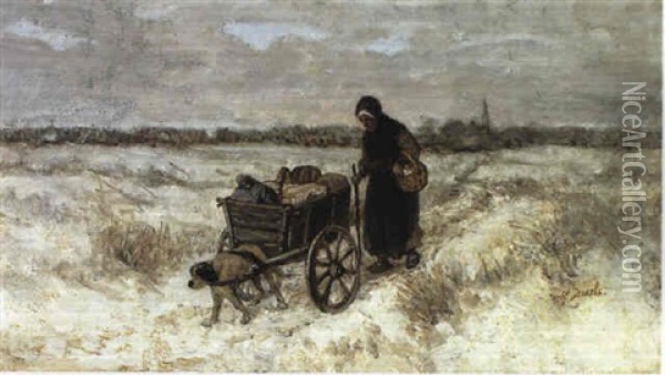 Old Woman With Handcart In A Wintry Landscape Oil Painting - Jozef Israels