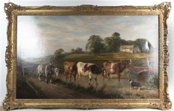 Untitled (leading Cattle) Oil Painting - James Clark