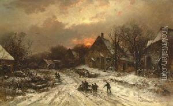 Winterliches Dorf Im
 Abendlicht. Oil Painting - Adolf Stademann