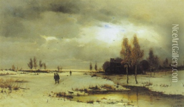 Vinterlandskab Med Jaegere Der Drager Hjem I Skumringen Oil Painting - Ludwig Lanckow
