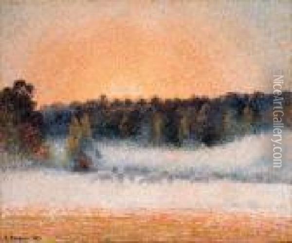 Soleil Couchant Et Brouillard Eragny Oil Painting - Camille Pissarro