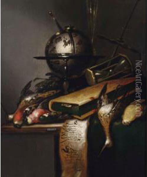 A Vanitas Still Life With Godwits, Robins, A Finch, A Celestial Globe, A Book And An Hourglass. Oil Painting - Petrus Schotanus