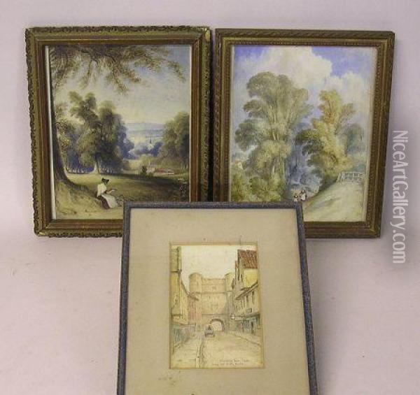 W Buckley, Figures In A Rural Setting, Watercolour, A Pair, 24 X 18.5cm, And Another Of Bootham Bar, York Oil Painting - William Buckley