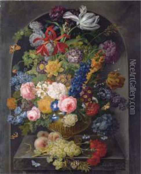 Roses, Carnations, Tulips And Other Flowers Oil Painting - Johann Baptist Drechsler