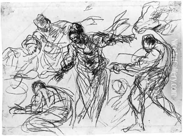 Studies of six figures for an adoration Oil Painting - Johann Heinrich Roos