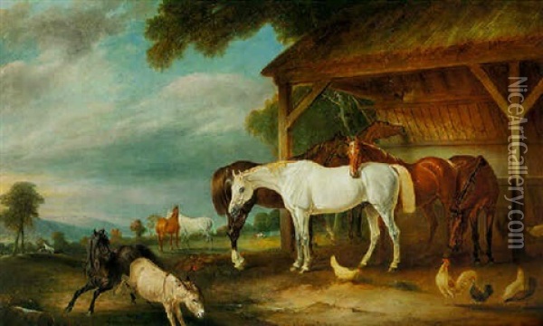 Horses Outside A Stable With A Colt And Donkey Oil Painting - John E. Ferneley