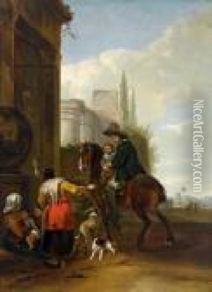 Cavalieri In Sosta Con Un Bambino Presso Una Famiglia Di Zigani Oil Painting - Hendrick Verschuring