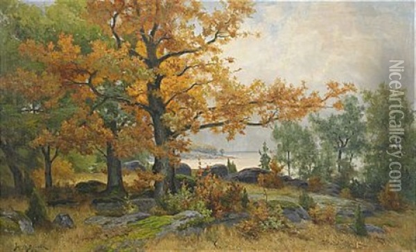 Landskap Med Sjo Och Trad I Hostfarger Oil Painting - Jacob Silven