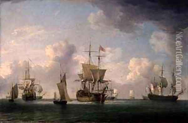 English Ships Under Sail in a Very Light Breeze Oil Painting - Charles Brooking