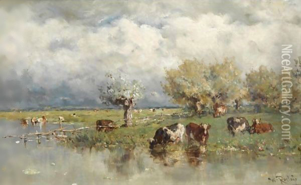 Cows In A Polder Landscape 2 Oil Painting - Willem Roelofs