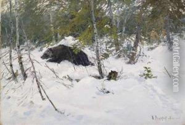 The Bearhunt. Oil Painting - Dimitri Von Prokofiev
