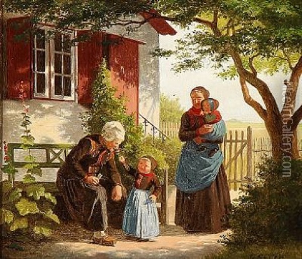 En Lille Pige, Der Lader En Gammel Mand Lugte Til En Rose Oil Painting - Johann Julius Exner