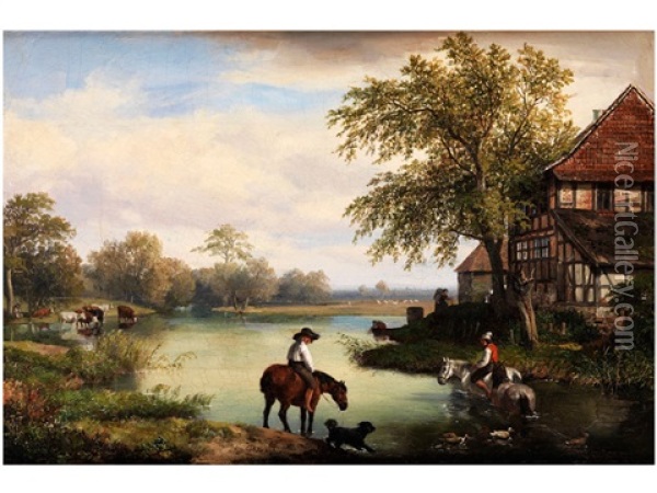 Landschaft Mit Pferden An Der Tranke Oil Painting - Hans Heinrich Juergen Brandes