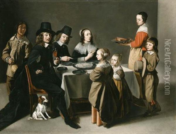 A Portrait Of The Poullain Family And Their Servants Gatheredaround A Table For A Frugal Meal Oil Painting - Maitre Des Jeux