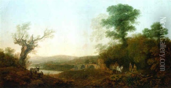 A River Landscape With Travellers Resting On The Edge Of A Wood, A Horse-drawn Cart Before A Bridge And Donkeys On A Bank Oil Painting - Thomas Gainsborough