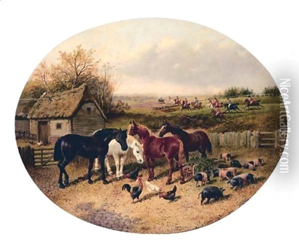 Farmyard With The Hunt In The Distance Oil Painting - John Frederick Herring Snr