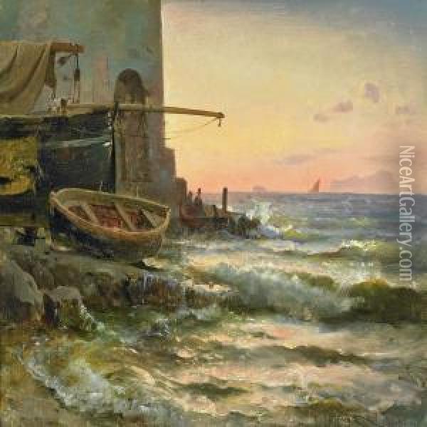 Red Evening Skies Over An Italian Coastal Scene With People Andboats Oil Painting - Carl Frederick Sorensen