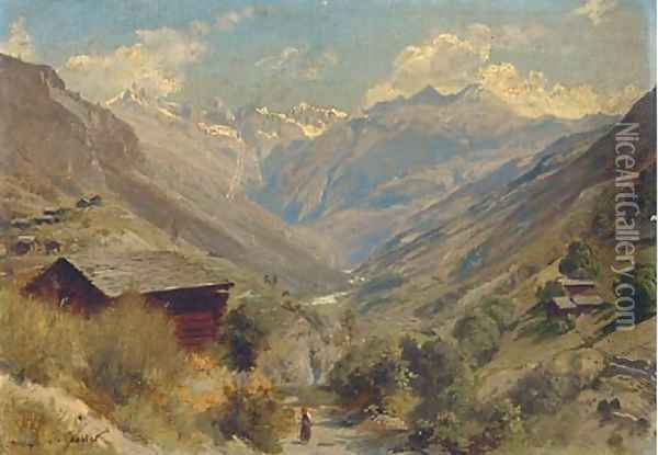 Figure in an Alpine landscape Oil Painting - Johann Joseph Geisser