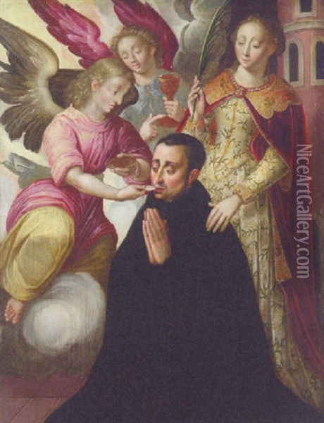 A Male Saint Receiving Communion From Angels With Saint Barbara Oil Painting - Jan Claeissens
