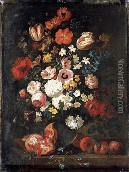 A Still Life Of Flowers In A Vase With A Pomegranate And Plums Oil Painting - Philips van Kouwenberg