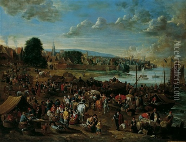 Hafenszene Vor Dem Hintergrund Einer Stadt Oil Painting - Alexander van Bredael
