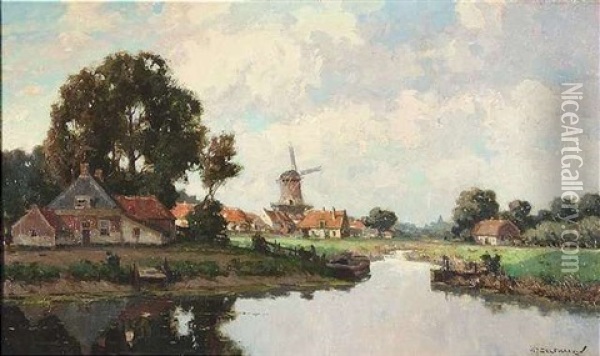 Hollandische Landschaft Mit Windmuhle Und Kanal Oil Painting - Gerard Delfgaauw