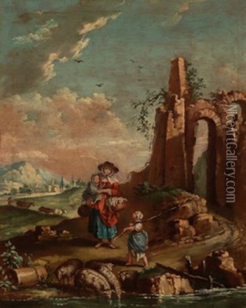 Landschaft Mit Antiken Ruinen, Frauen Mit Kinern Und Einem Rastenden Wanderer (+ Another, Similar; Pair) Oil Painting - Domenico Pecchio