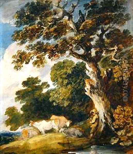 A wooded landscape with cattle and herdsmen Oil Painting - Dupont Gainsborough